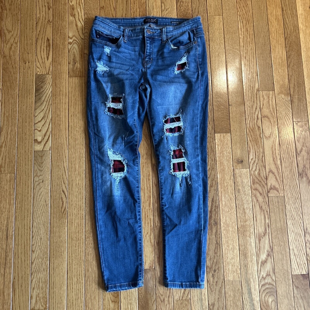 Judy Blue Jeans Womens 13/31 Skinny Fit Flannel‎ Trim Distressed Casual Pants